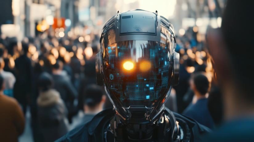 An advanced AI robot equipped with facial recognition capabilities stands at the forefront of a bustling urban crowd.