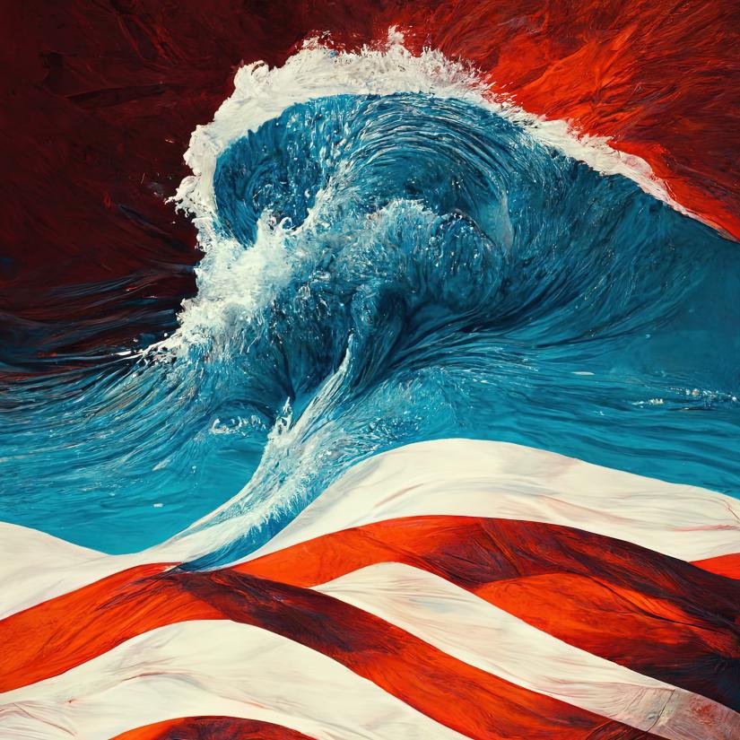 An illustration of a tidal wave of blue against red with red white stripes  foregrounded