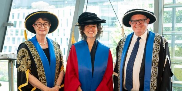 UTS Chancellor Catherine Livingstone, Jess Hill and UTS Vice-Chancellor Andrew Parfitt.