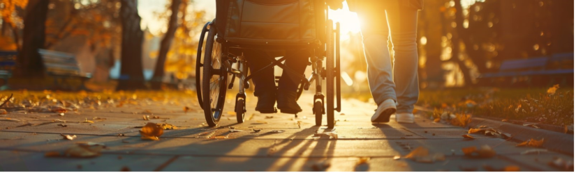 Person in wheelchair walking alongside somebody on a footpath.