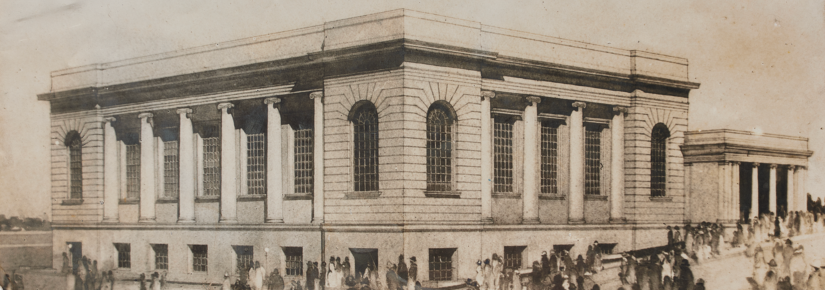 Old sepia toned photograph of building with horses and people in front of it. 