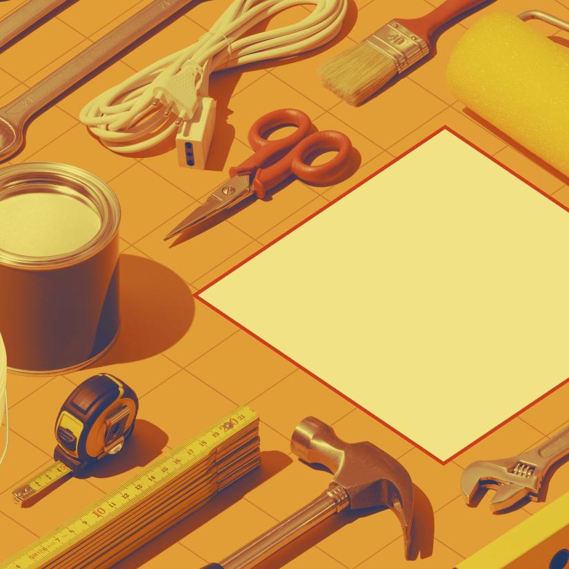 An illustration of renovation tools laid out on a table in warm hued colour