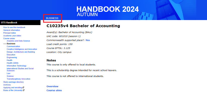 The owning faculty on the HandbookPre2025 is displayed below the title of the handbook and above the title of the course in the blue banner