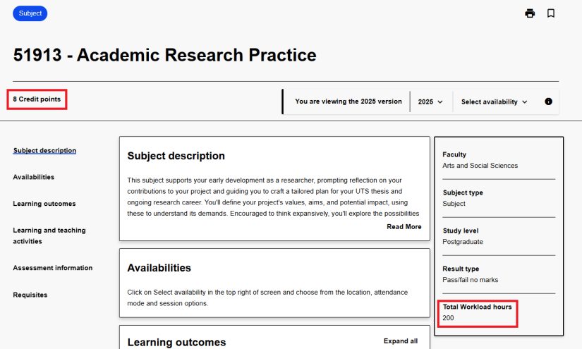 Credit points display in the top left corner of the subject page. The total indicative workload hours displays in the right hand information bar.