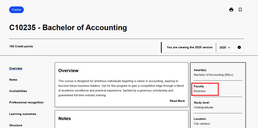 The location of the owning faculty for each course can be found in the right hand information bar on the course page in the UTS handbook.