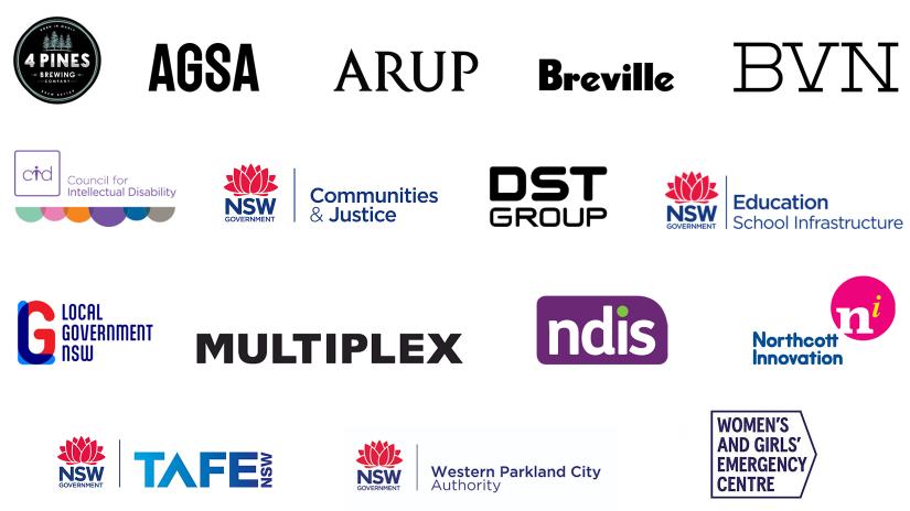 DAB Industry Partner logos: 4 Pines Brewery, AGSA, ARUP, Breville, BVN, Council for Intellectual Disability, NSW Government Communities & Justice, DST Group, NSW Government Education School Infrastructure, Local Government NSW, Multiplex, NDIS, Northcott Innovation, TAFE NSW, Western Parkland City Authority, WAGEC