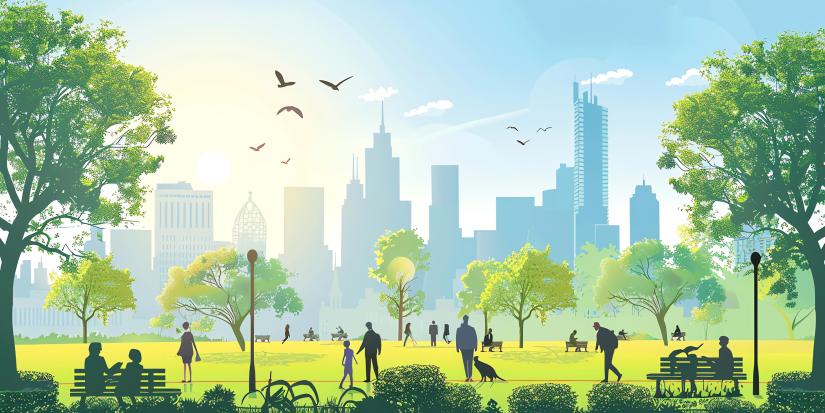 Illustration of park in the city with green grass and trees, with people relaxing and enjoying the outdoors.