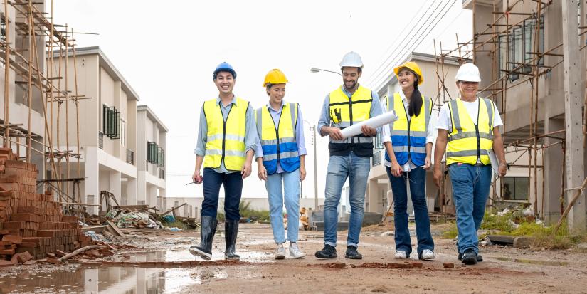 A diverse group of five people in high vis on a construction site