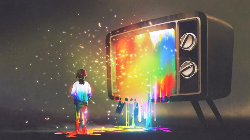 colourful light floods from a vintage tv, a lone figure of a girl looks on