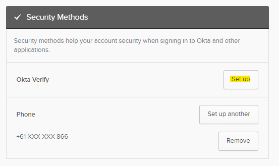 Scroll down to “Security Methods” and select “Set up”.