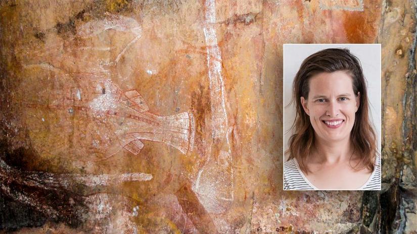 Photo of Indigenous rock painting from Kakadu, with inset photo of Anna Clark