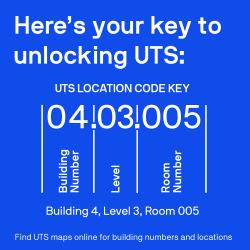 A blue square with text. Here's your key to unlocking UTS: UTS location key code. 04.03.005. Building number. Level. Room number. Building 4, level 3, room 005. Use UTS maps online for building numbers and locations.