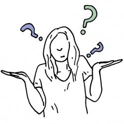 cartoon person with long hair shrugging with question marks around their head
