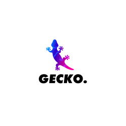 The Gecko logo has a graphic of a blue, purple and pink gecko lizard above black text that says "Gecko."