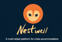 The Nestwell logo has a dark blue background and has an orange owl head displayed above "Nestwell" in light orange text. Under "Nestwell" it says "A multi-sided platform for crisis accommodation" in white text.