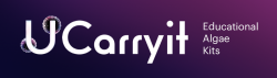 The UCarryit logo has white text over a dark purple ground with the text "UCarryit" in large font and "Educational Algae Kits" in smaller font to the right hand side.