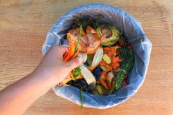 Kitchen compost bin with fruit and vegetable scraps
