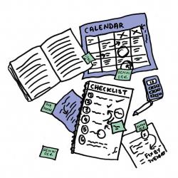 books, checklist, pens and calendar