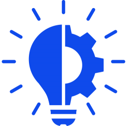 Blue illustration of a light bulb which is half cog