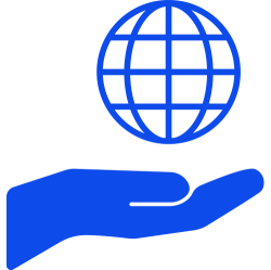 A blue stylised globe hovers over a stylised hand