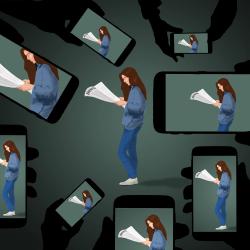 Girl reading a newspaper framed within the image of a cellphone, replicated multiple times like a lens prism