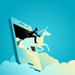 Business man on a unicorn leaping out of a mobile phone shrouded by clouds