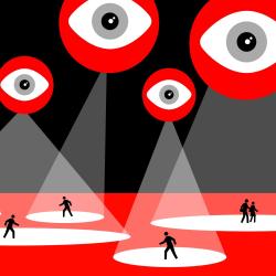 surveillance online - eyes casting a bema light on people as they move