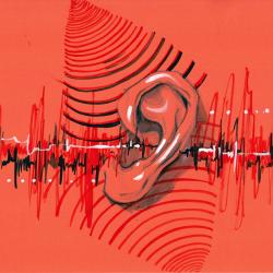 An ear with sound vibrations pulsing through it