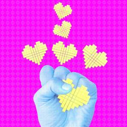 hand clinching electronic love hearts