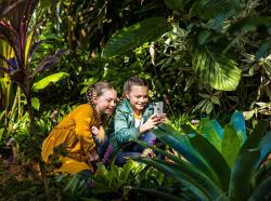Two little girls in a bushy area. One girl is talking photos of a plant with her mobile phone