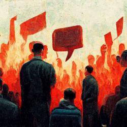 An audience looking on to speech bubbles reddened and on fire