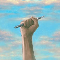 hand holding a pen in the air, clouds surrounding