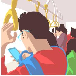 illustration of man on tram looking at phone