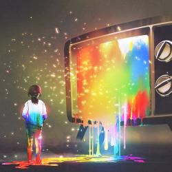 Rainbow dripping out of a TV set and a girl standing nearby