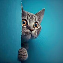 A cat looks nervous peeking out from behind a wall