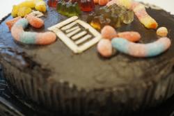 Close up of chocolate iced cake with cubes, candy snakes and iced pieces on top