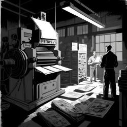 Black and white illustration of printing press_film noir style