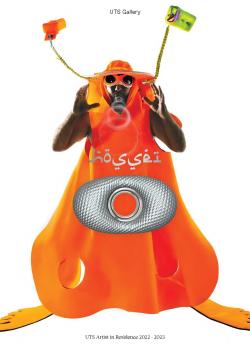 A book cover, featuring a man wearing a bright orange costume with giant feet made by HOSSEI, UTS Artist in Residence 2022-23, as part of his UTS Gallery exhibition 'O'.