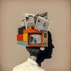 A image of a person in profile - head is part tv, newspapers