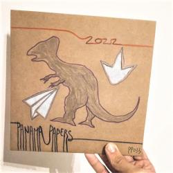 An image of a hand drawn CD cover with a dinosaur with paper plane