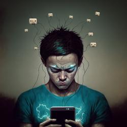 a boy staring a phone links from it mapping out through his cranium