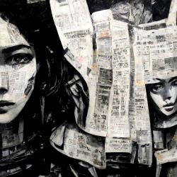 A woman's face collaged from newspapers