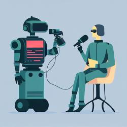 A robot records a conversation with a humandroid