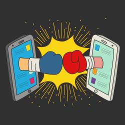 fists exploding together coming out of phone screens opposite each other