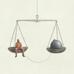 Scales of Justice with criminal sitting on one side leg chained to ball balanced in other