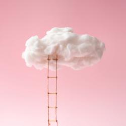 A cloud hovering on a pink horizon, a ladder extended up to it