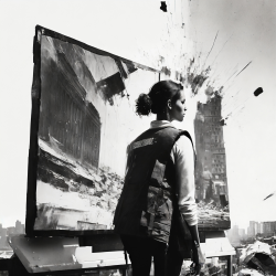 A reporter in a vest in front of an exploding screen