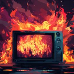 A retro TV consumed by flames