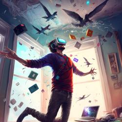 A man afloat with a VR set in a chaotic room