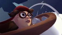 Animated still of a child staring out from the cockpit of a small plane